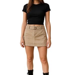 WEATHER VANE 90's Suede Leather Mini Skirt Belt Beige Tan‎ Size 5 Y2K